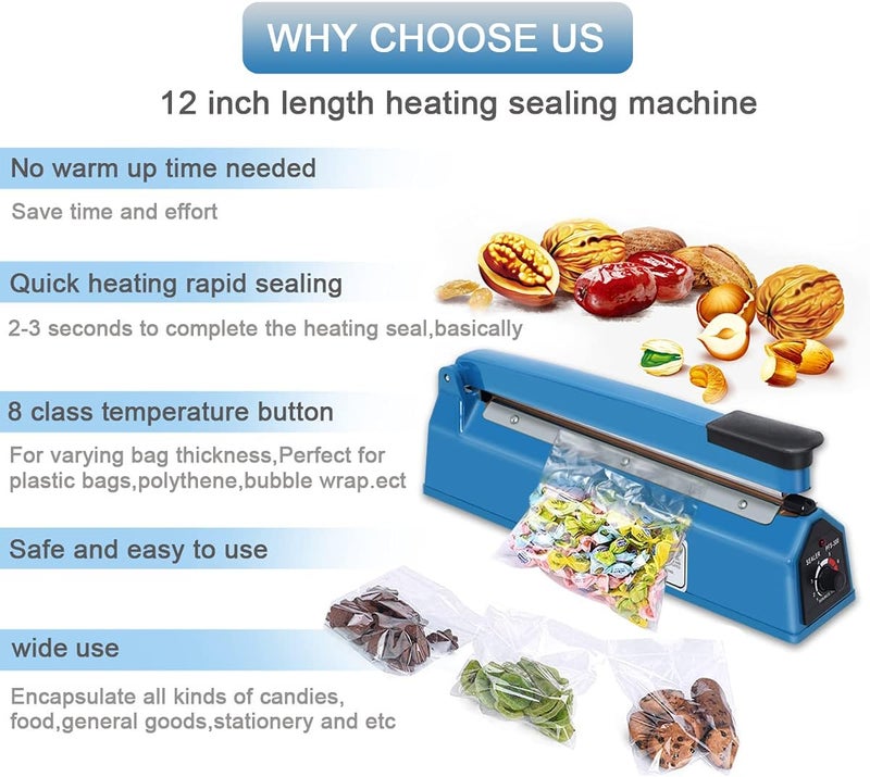 Piwerod 12 Inch Impulse Heat Sealer Machine, Cookie Bag Sealer for Plastic Mylar PE PP Bags and Kraft Paper Bags, Manual Poly Bag Hot Seal Sealing Machine with Extra Replace Element Grip - Image 5